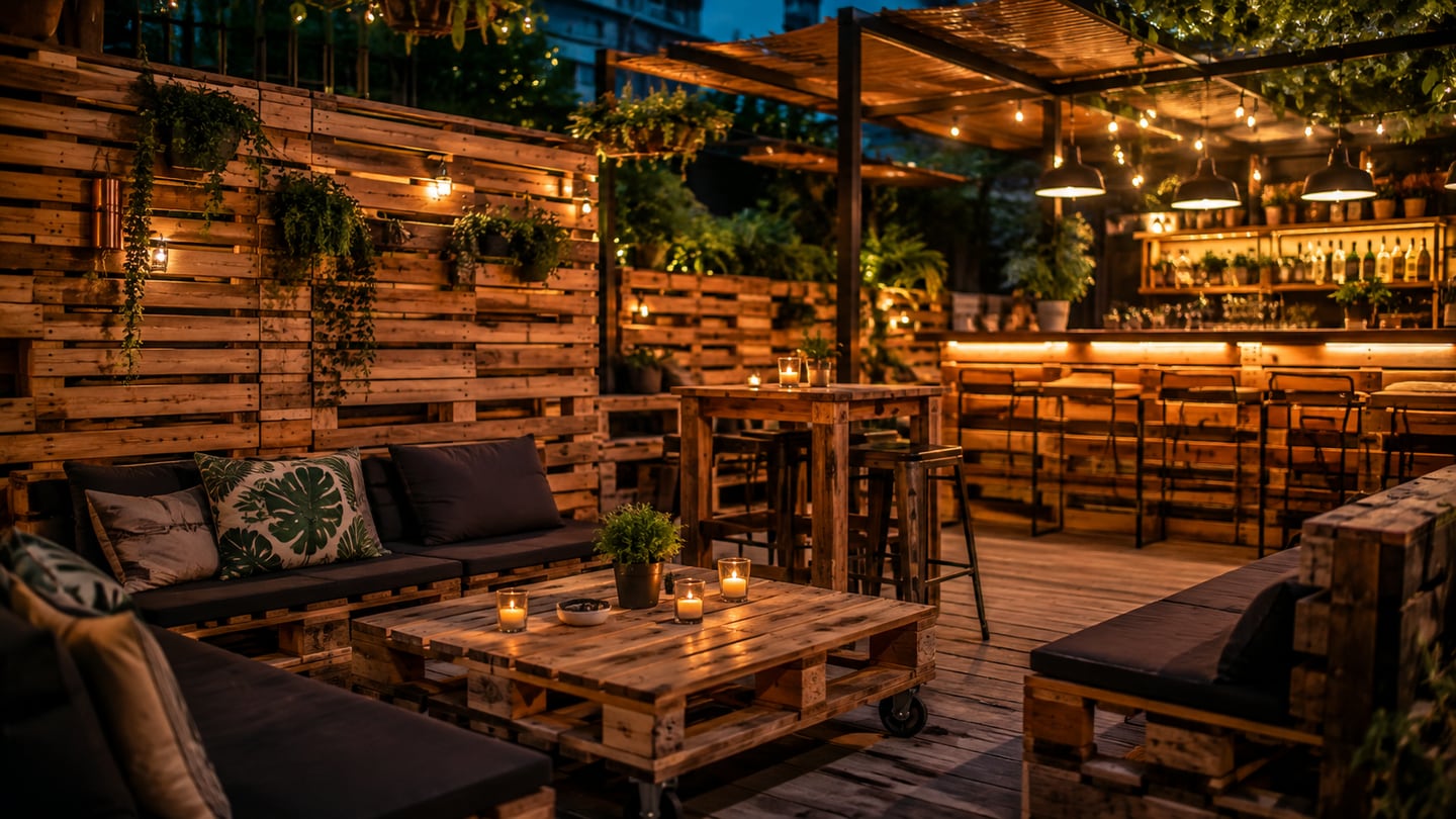 Bar de exterior con barra, mesas y sofás construidos con palets