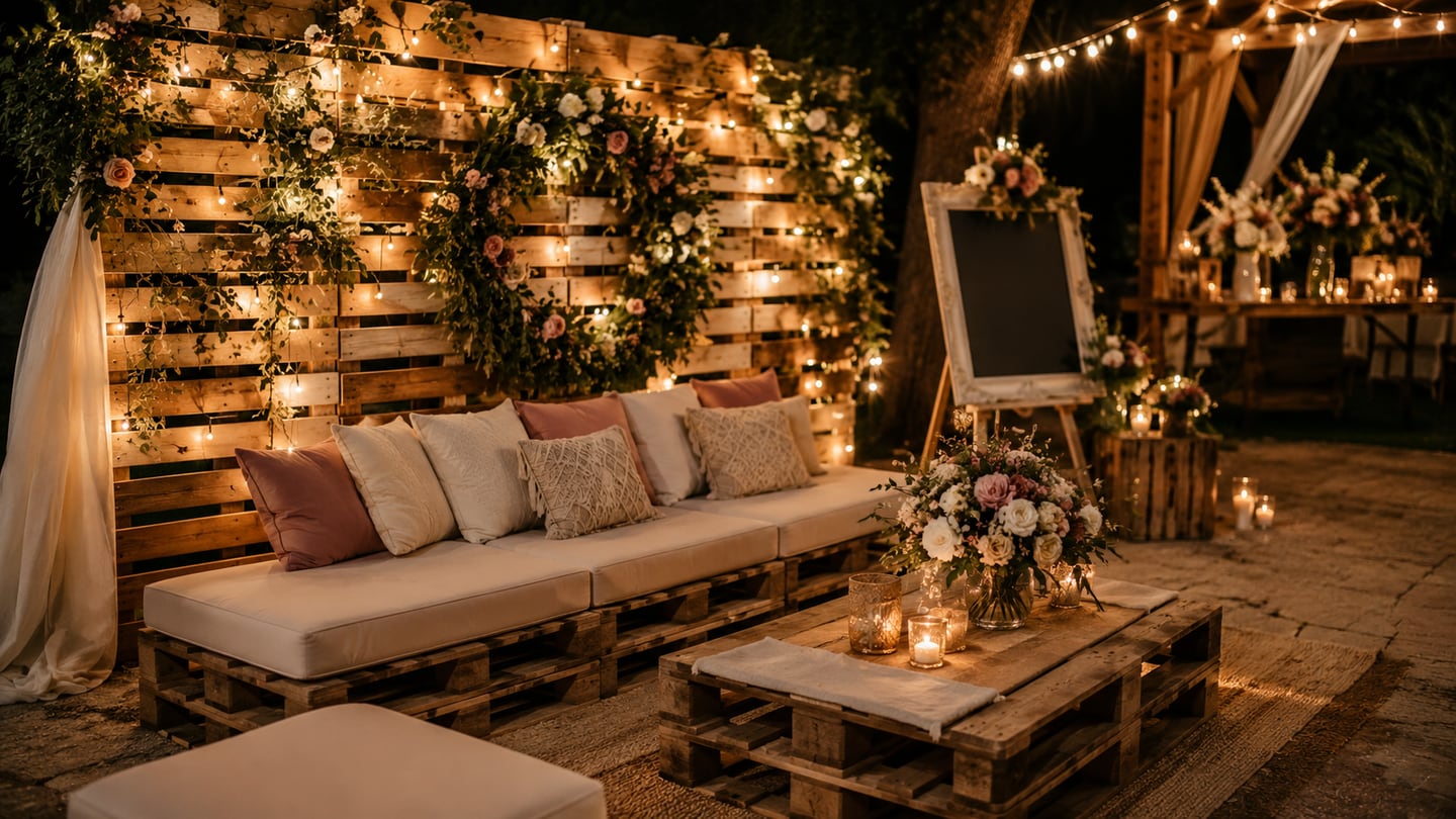 Decoración de boda con sofá, mesa y panel floral construidos con palets