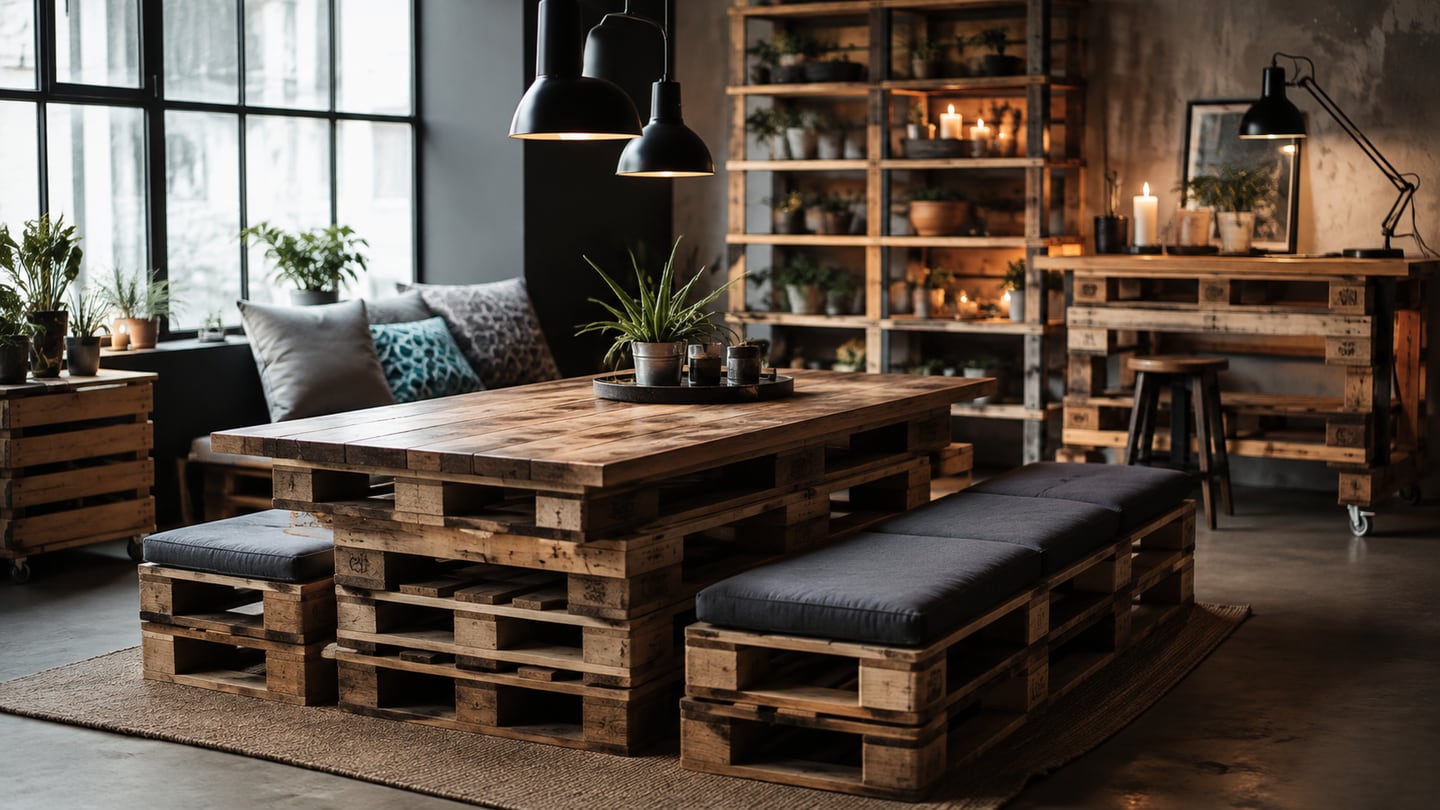 Mesa de comedor, bancos y estanterías construidos con palets