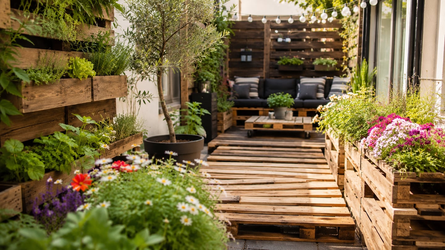 Terraza ajardinada con suelo, jardineras verticales y mobiliario de palets