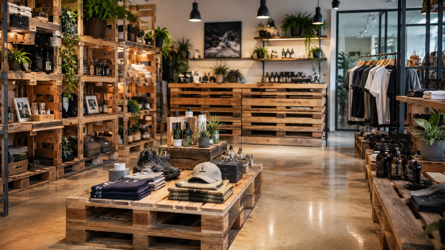 Tienda con mostrador, estanterías y expositores construidos con palets